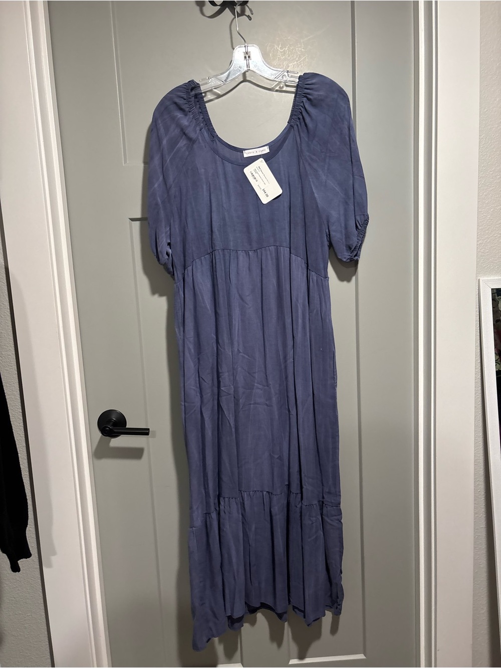 Chris & Carol Dusty Blue Maxi Dress with Puff Sleeves